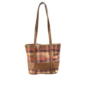 Longaberger Homestead Tote Purse Shoulder Plaid Leather Bottom/Handles